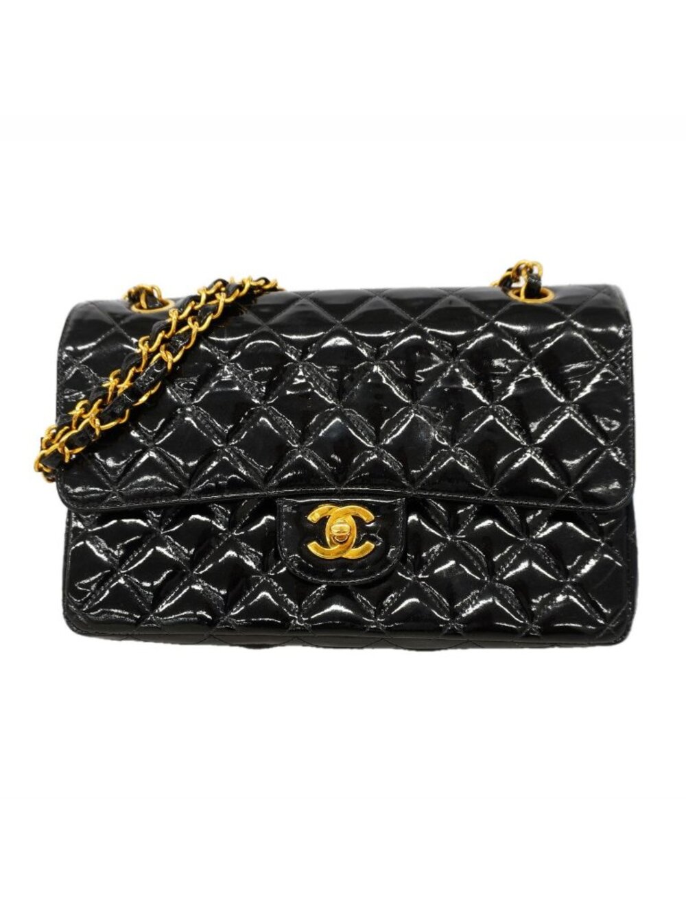 Chanel Shoulder Bag Quilted Patent Leather Black Gold